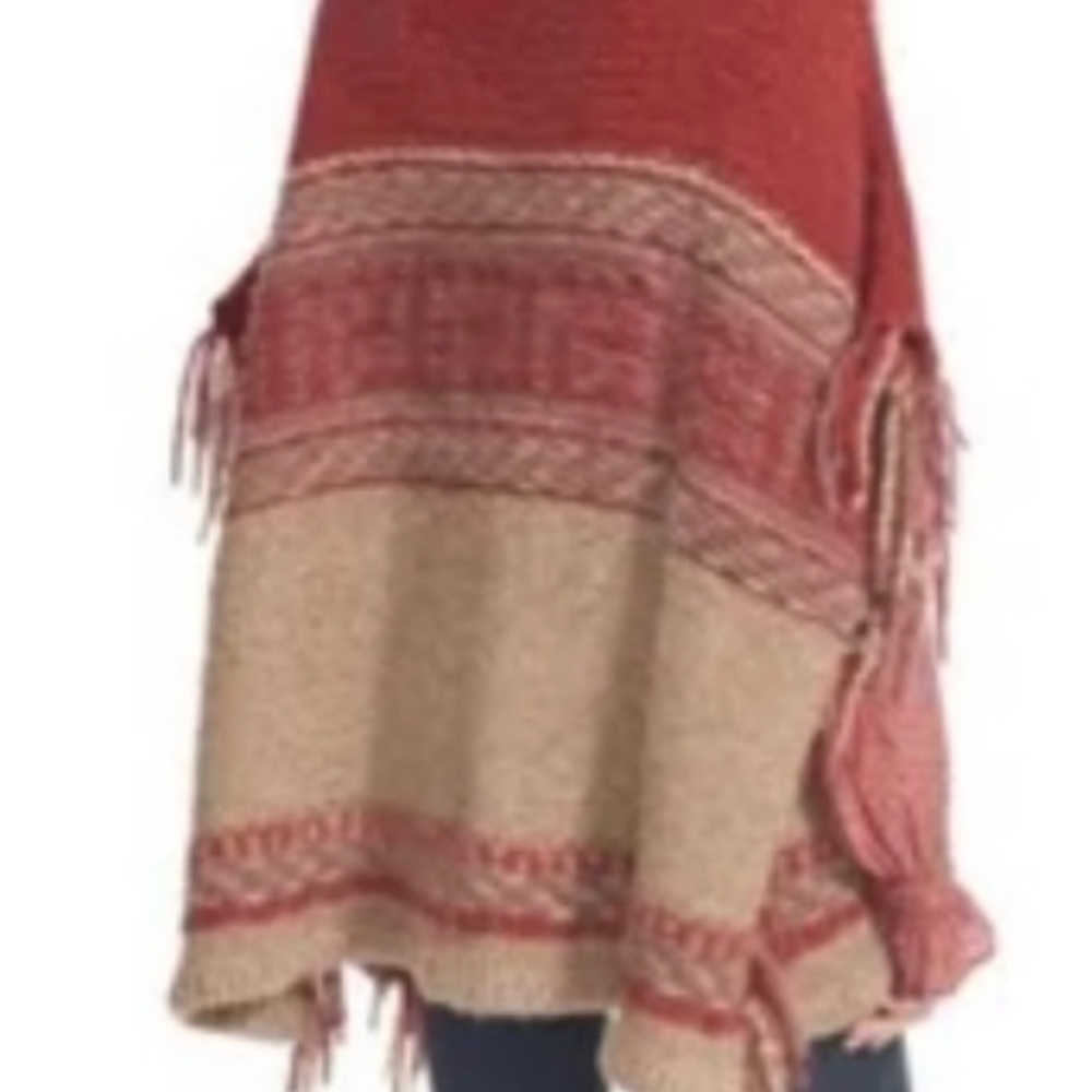 Free People Rust Red and Beige Fringed Knit Poncho - Picture 3 of 4